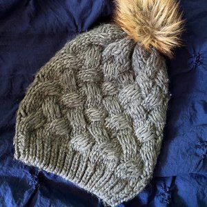 Gray Knit Beanie with Pom Pom